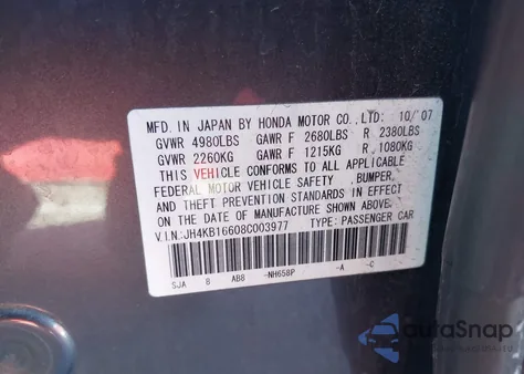 2008 Acura Rl 3.5 z USA, uszkodzony, nr VIN JH4KB16608C003977